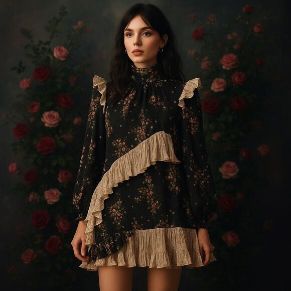 Amur Silk Devin Dress Sz 6 Whimsigoth Floral Romantic Cottage Ruffle Victorian - Picture 14 of 14